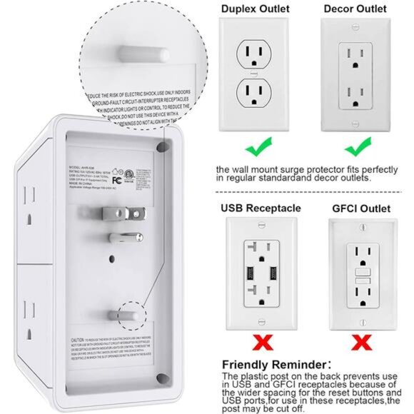 USB Wall Charger, Surge Protector, POWRUI 6-Outlet Extender with 2 USB Charging - Picture 4 of 7